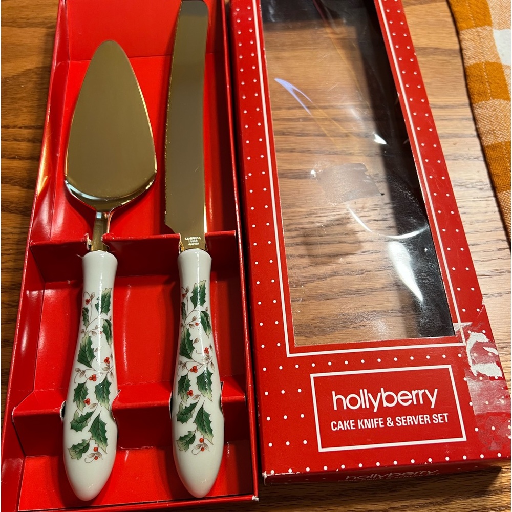 NEW - HOLLYBERRY CAKE KNIFE & SERVER SET - PORCELAIN HANDLES & STAINLESS STEEL